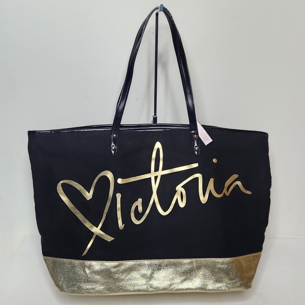 Victoria's Secret Tote Bag Black With Gold Cursive Writing NWT